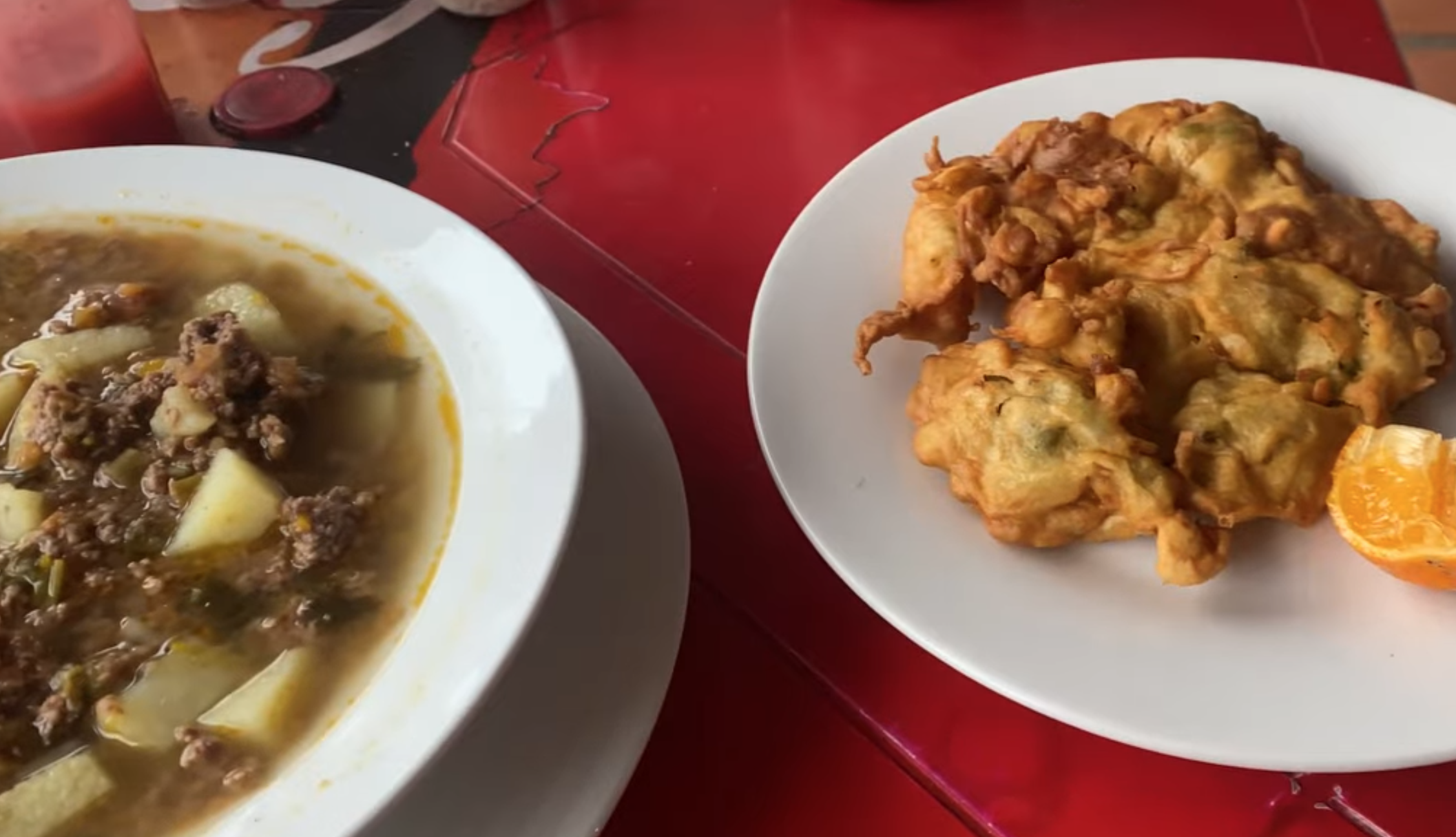 Paraguayan Soyo con tortilla. traditional ground beef soup and potatoes with a fried savory cake