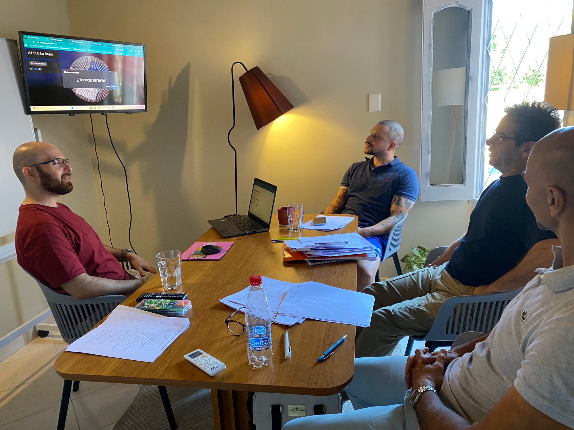 Group Spanish Class in Asuncion Paraguay - 3 men in a class with teacher Raúl in Fluido Spanish School