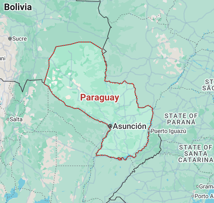 google maps outline of paraguay, marking the asuncion capitol